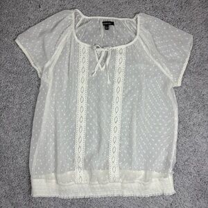 Relativity Top Womens Large Tie Neck Lace Sheer Blouse Short Sleeve Office Work